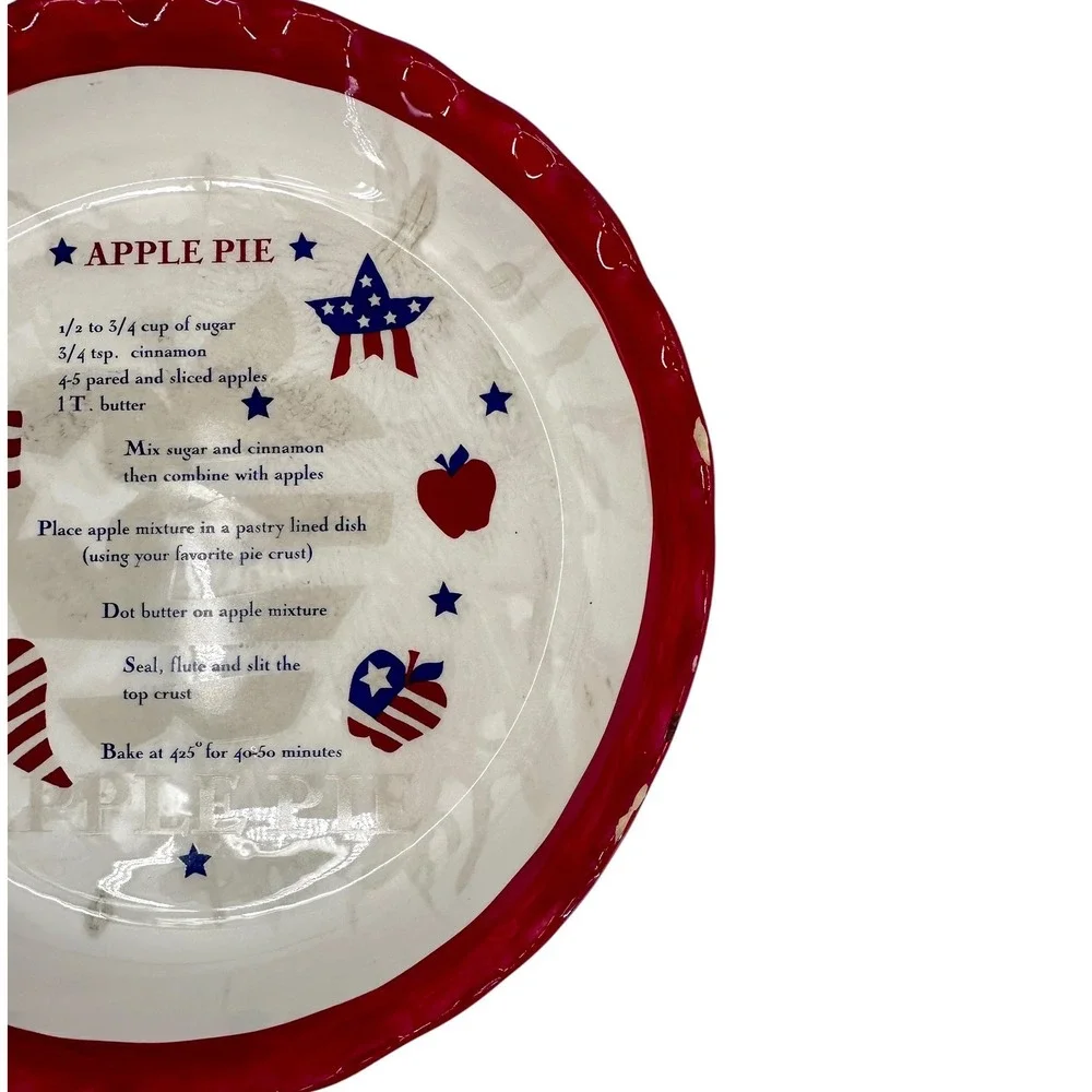 Americana Patriotic Apple Pie Recipe Stoneware Pie Plate 10 Inch Red White Blue